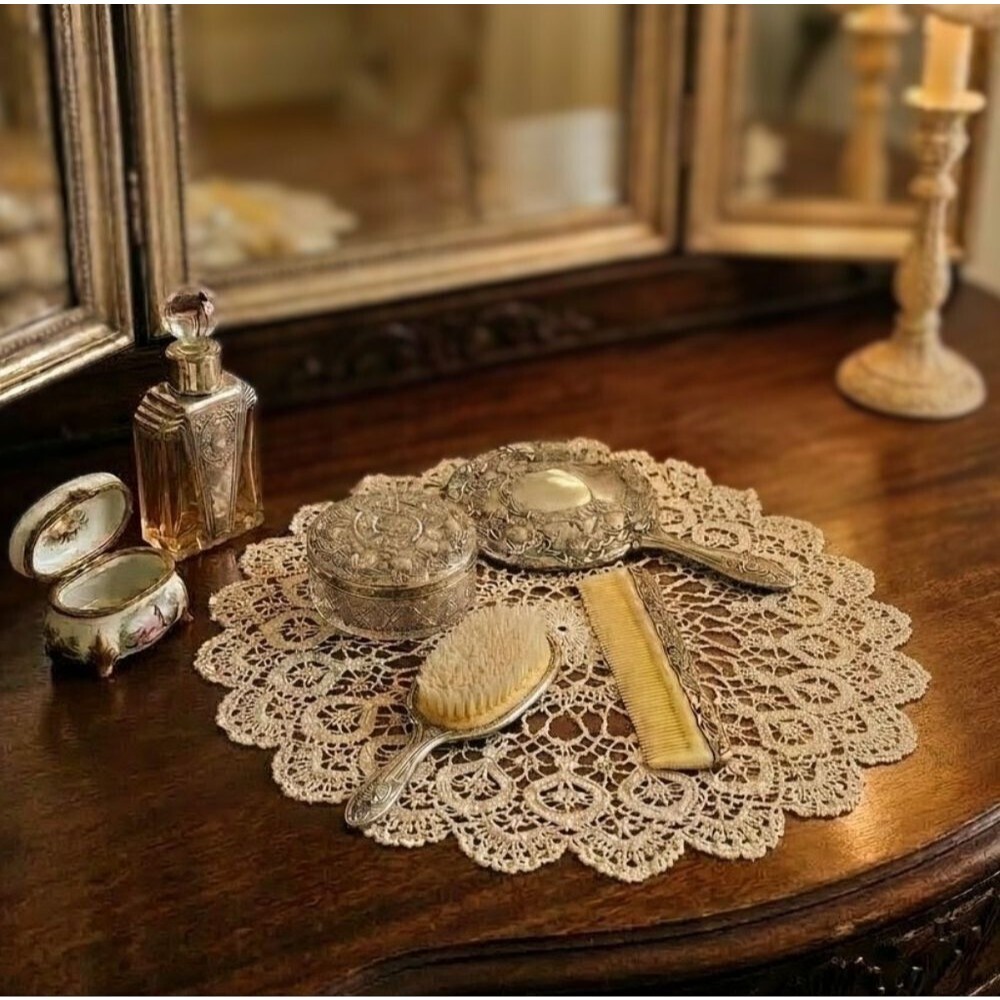 Antique Ornate Vanity Set with Hand Mirror, Brush, Comb & Powder/Trinket Jar